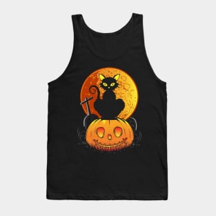 Black Cat on Pumpkin Halloween Tank Top